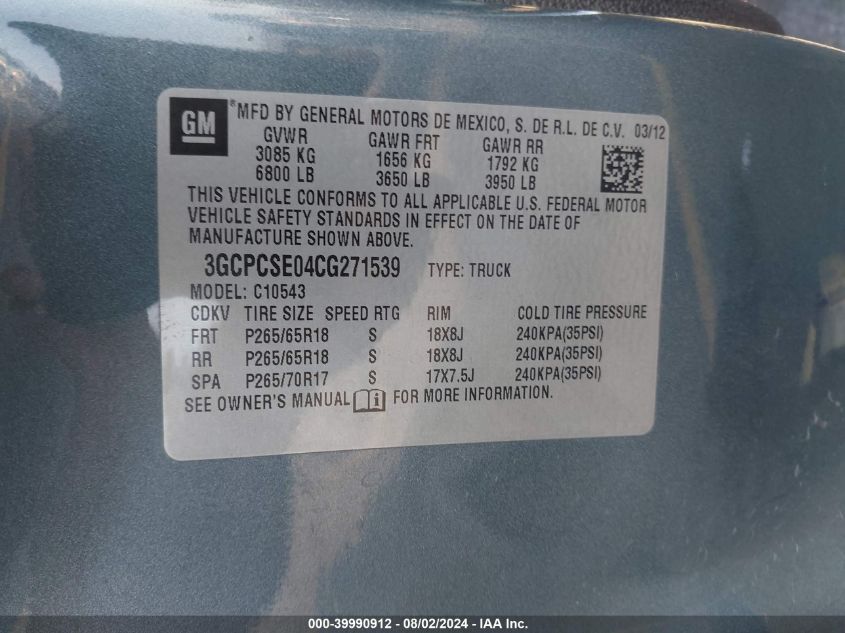 2012 Chevrolet Silverado C1500 Lt VIN: 3GCPCSE04CG271539 Lot: 39990912