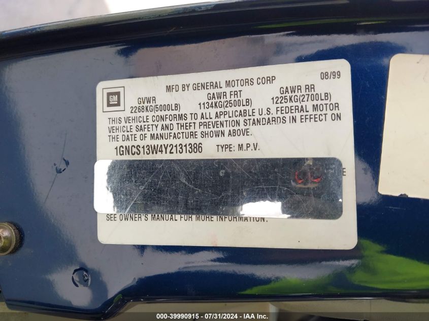 2000 Chevrolet Blazer Lt VIN: 1GNCS13W4Y2131386 Lot: 39990915