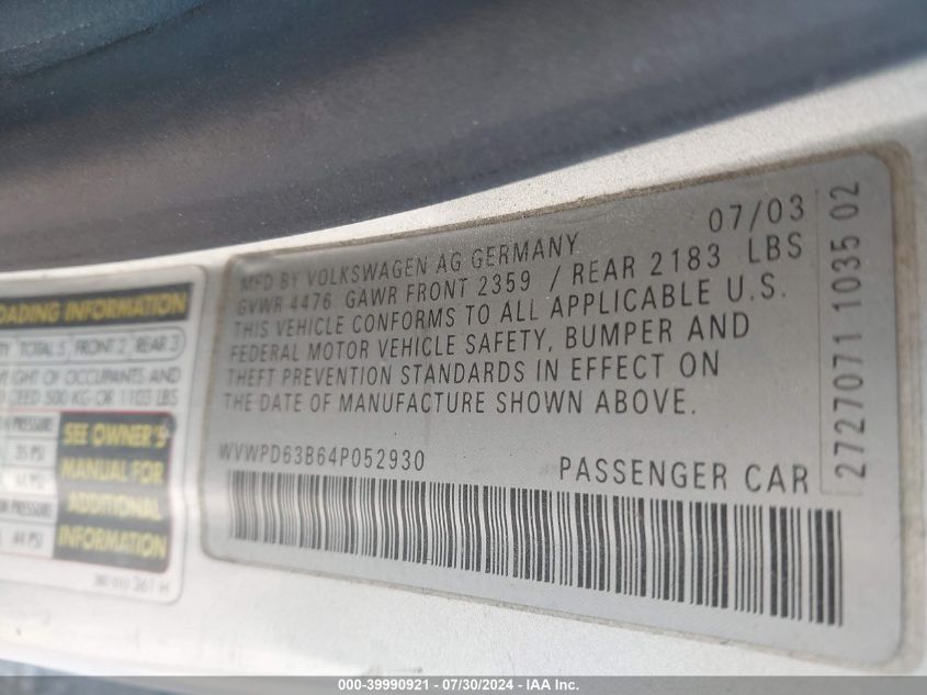 2004 Volkswagen Passat Gls VIN: WVWPD63B64P052930 Lot: 39990921