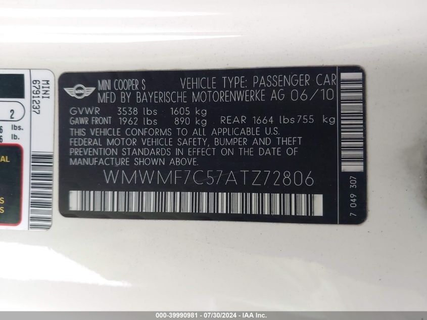 2010 Mini Cooper S S VIN: WMWMF7C57ATZ72806 Lot: 39990981