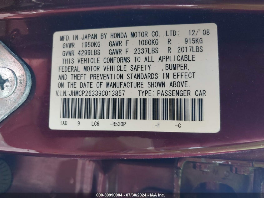 2009 Honda Accord 2.4 Lx VIN: JHMCP26339C013857 Lot: 39990984