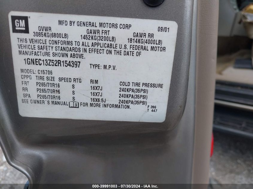 2002 Chevrolet Tahoe C1500 VIN: 1GNEC13Z52R154397 Lot: 39991003