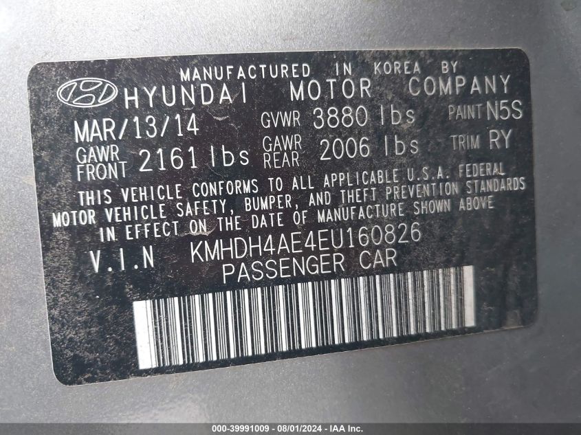 2014 Hyundai Elantra Limited VIN: KMHDH4AE4EU160826 Lot: 39991009