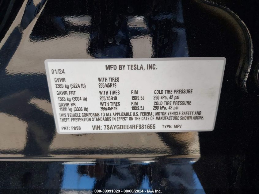 2024 Tesla Model Y Long Range Dual Motor All-Wheel Drive VIN: 7SAYGDEE4RF981655 Lot: 39991029