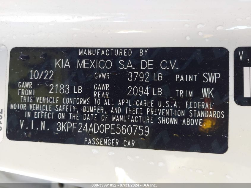 2023 Kia Forte Lxs VIN: 3KPF24AD0PE560759 Lot: 39991052