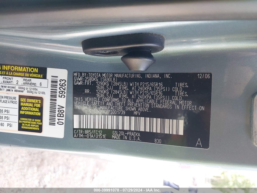2007 Toyota Sienna Le VIN: 5TDZK23C07S001739 Lot: 39991078