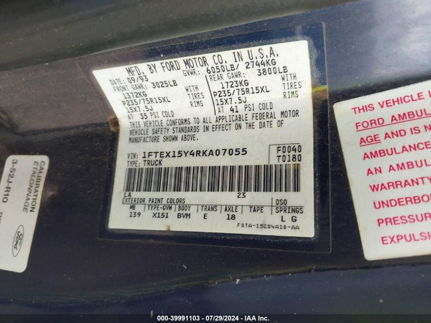 1994 Ford F150 VIN: 1FTEX15Y4RKA07055 Lot: 39991103