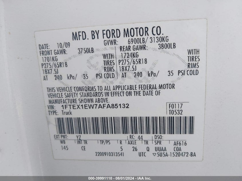 2010 Ford F-150 Stx/Xl VIN: 1FTEX1EW7AFA85132 Lot: 39991110