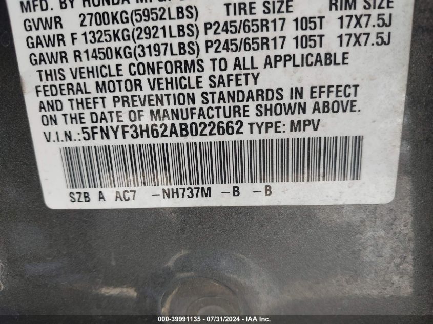 2010 Honda Pilot Exl VIN: 5FNYF3H62AB022662 Lot: 39991135