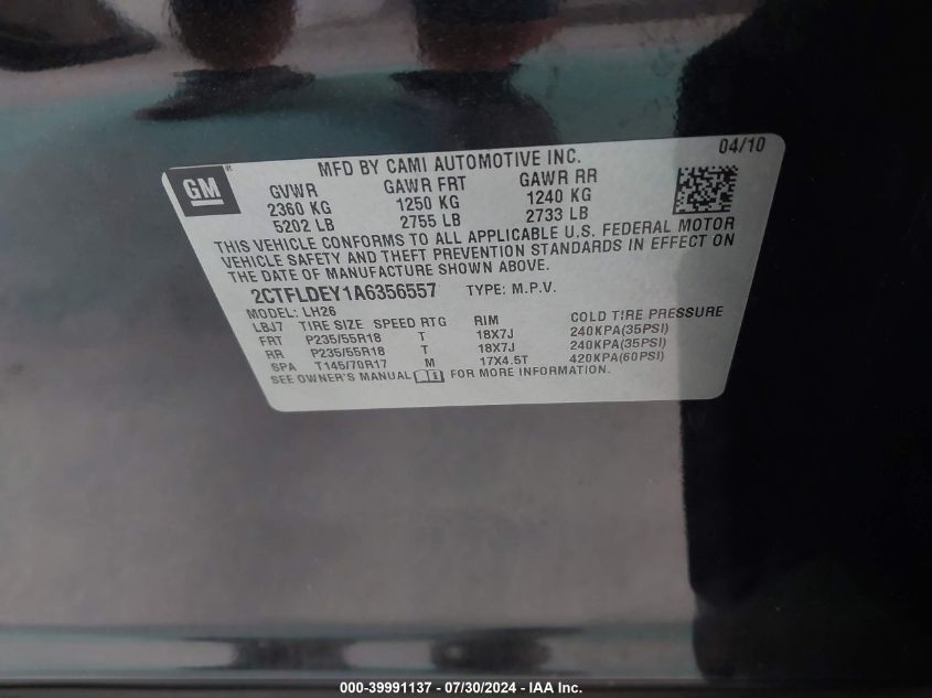 2010 GMC Terrain Sle VIN: 2CTFLDEY1A6356557 Lot: 39991137