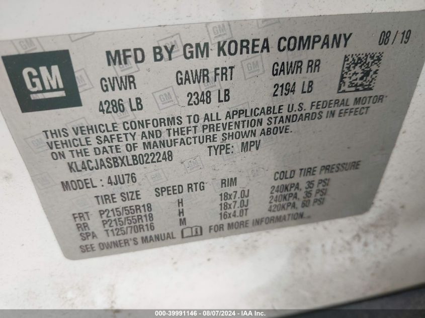 2020 Buick Encore Fwd Preferred VIN: KL4CJASBXLB022248 Lot: 39991146