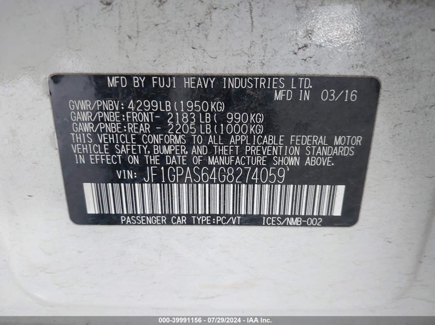 2016 Subaru Impreza 2.0I Sport Premium VIN: JF1GPAS64G8274059 Lot: 39991156