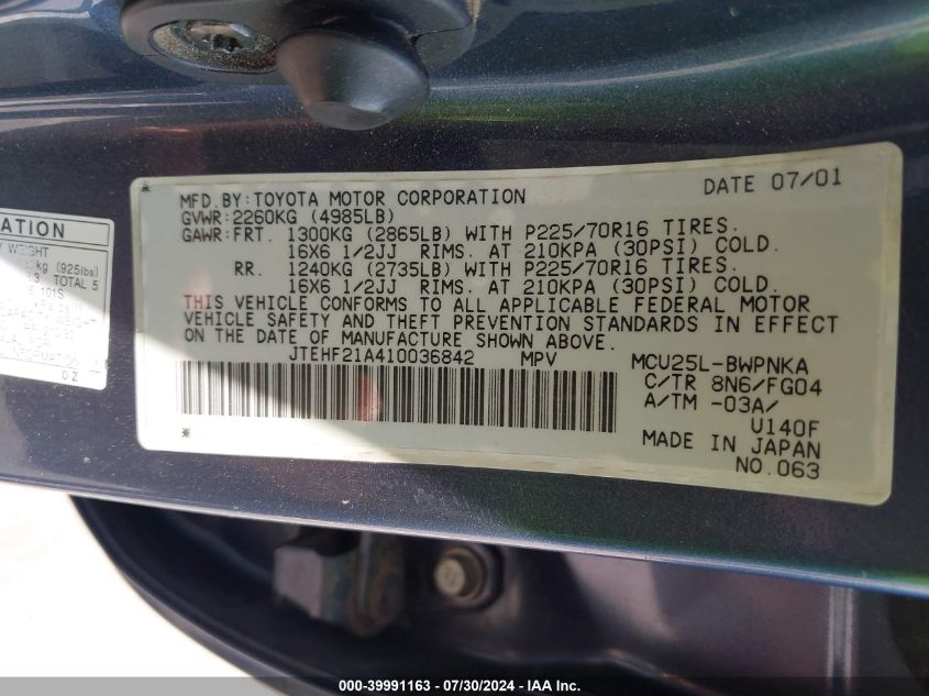 2001 Toyota Highlander V6 VIN: JTEHF21A410036842 Lot: 39991163