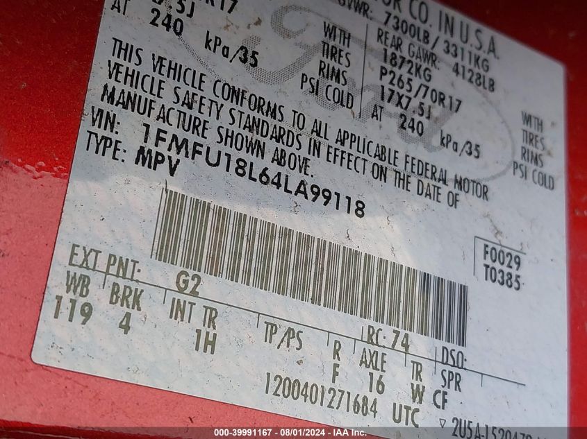 2004 Ford Expedition Eddie Bauer VIN: 1FMFU18L64LA99118 Lot: 39991167