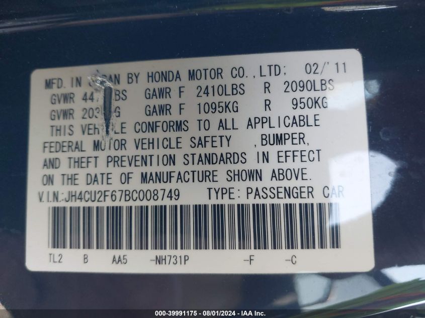 JH4CU2F67BC008749 2011 Acura Tsx 2.4