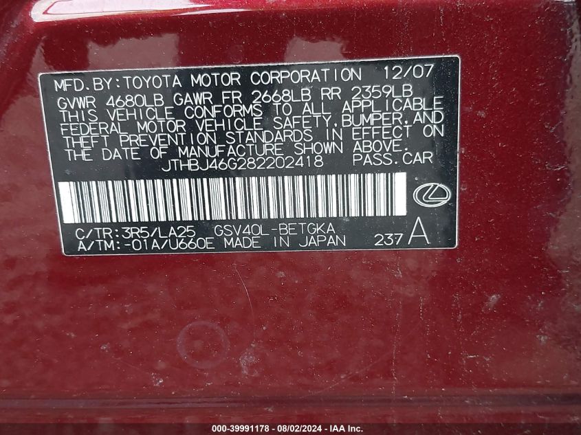 2008 Lexus Es 350 VIN: JTHBJ46G282202418 Lot: 39991178