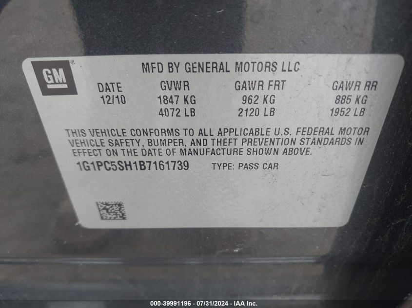 2011 Chevrolet Cruze Ls VIN: 1G1PC5SH1B7161739 Lot: 39991196