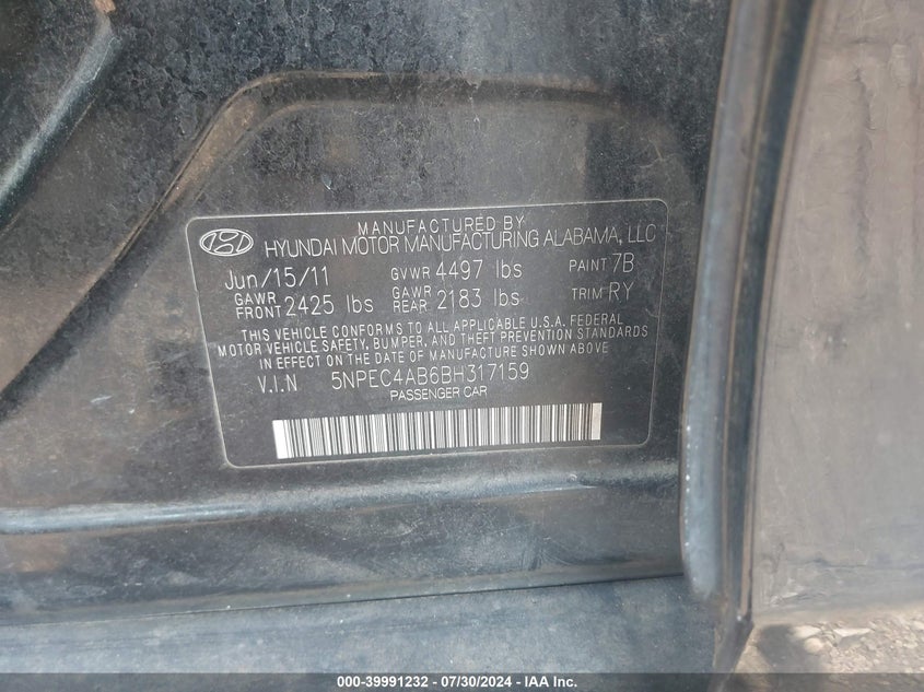 2011 Hyundai Sonata Se 2.0T VIN: 5NPEC4AB6BH317159 Lot: 39991232