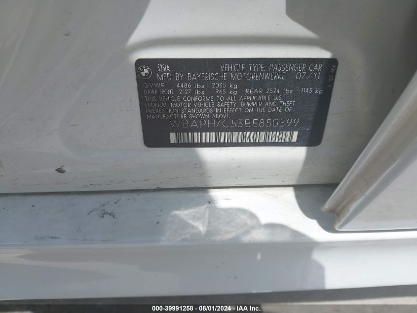 2011 BMW 328I I VIN: WBAPH7C53BE850599 Lot: 39991258