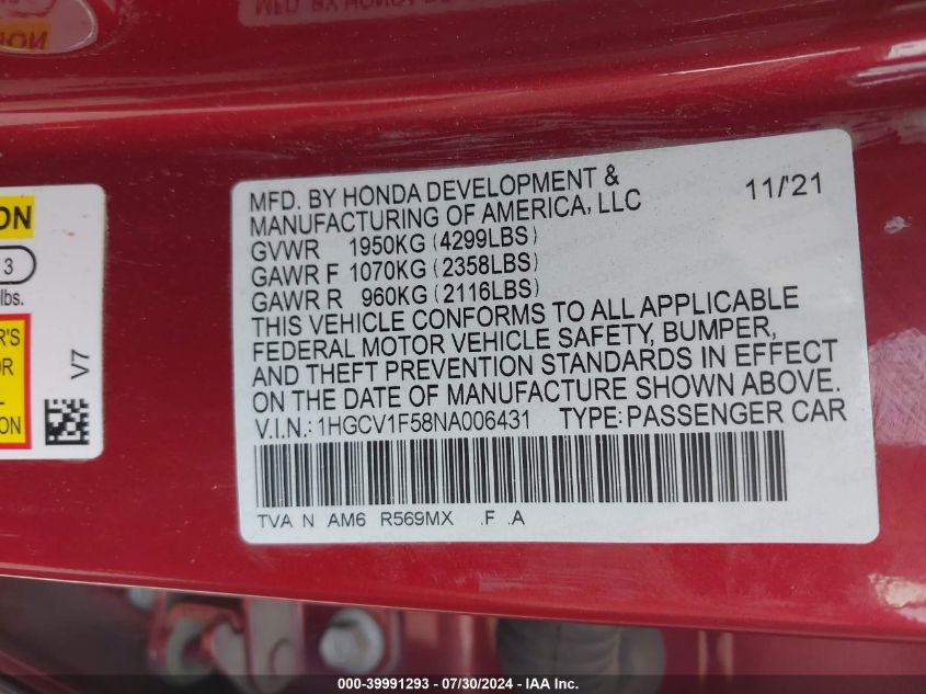 2022 Honda Accord Exl VIN: 1HGCV1F58NA006431 Lot: 39991293