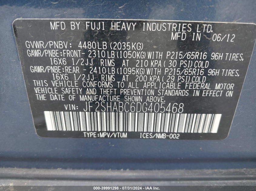 2013 Subaru Forester 2.5X VIN: JF2SHABC6DG405468 Lot: 39991298