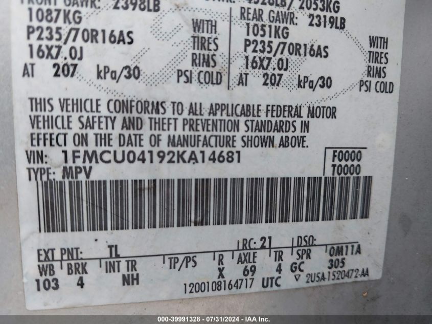 2002 Ford Escape Xlt VIN: 1FMCU04192KA14681 Lot: 39991328