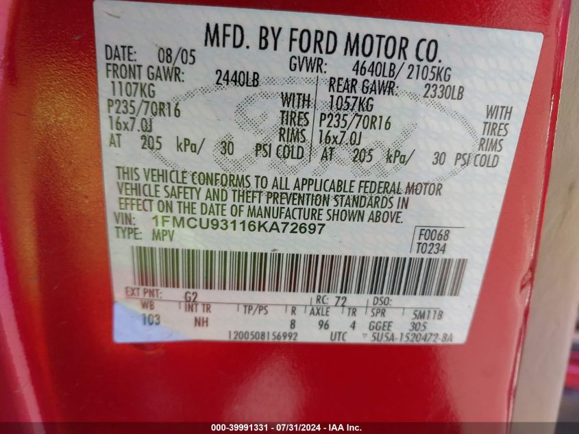 2006 Ford Escape Xlt VIN: 1FMCU93116KA72697 Lot: 39991331