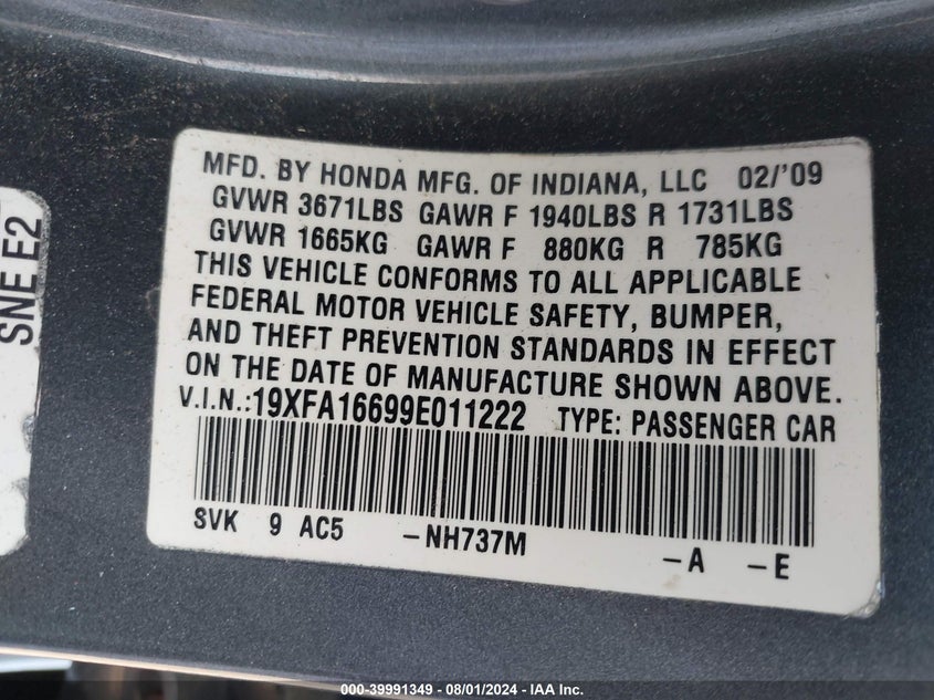 2009 Honda Civic Lx-S VIN: 19XFA16699E011222 Lot: 39991349