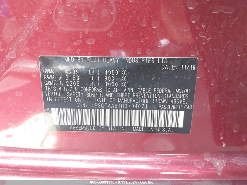 2017 Subaru Impreza 2.0I VIN: 4S3GTAA61H3704071 Lot: 39991370