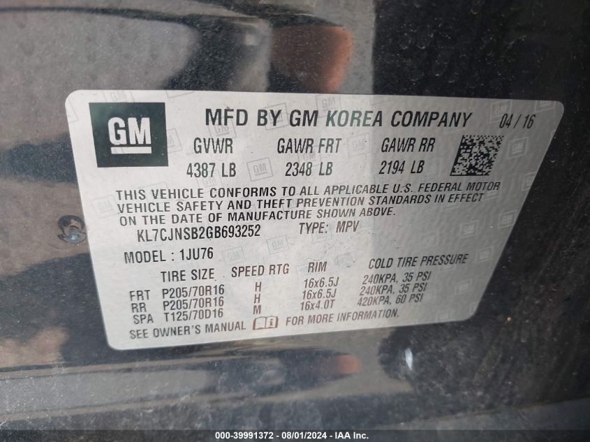 2016 Chevrolet Trax Ls VIN: KL7CJNSB2GB693252 Lot: 39991372