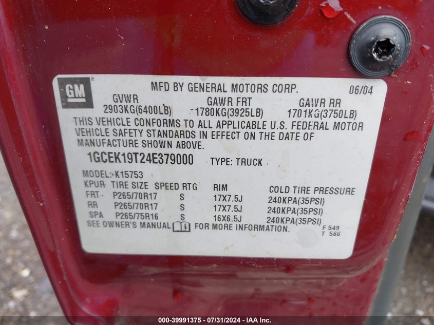 2004 Chevrolet Silverado K1500 VIN: 1GCEK19T24E379000 Lot: 39991375