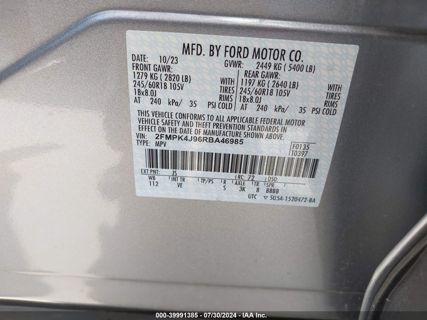 2024 Ford Edge Sel VIN: 2FMPK4J96RBA46985 Lot: 39991385