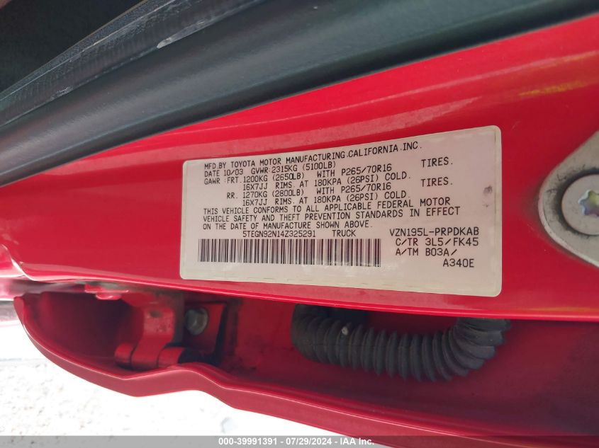 2004 Toyota Tacoma Prerunner V6 VIN: 5TEGN92N14Z325291 Lot: 39991391