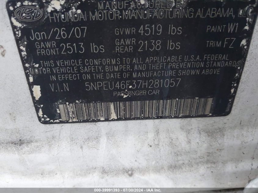 2007 Hyundai Sonata Limited/Se V6 VIN: 5NPEU46F37H281057 Lot: 39991393