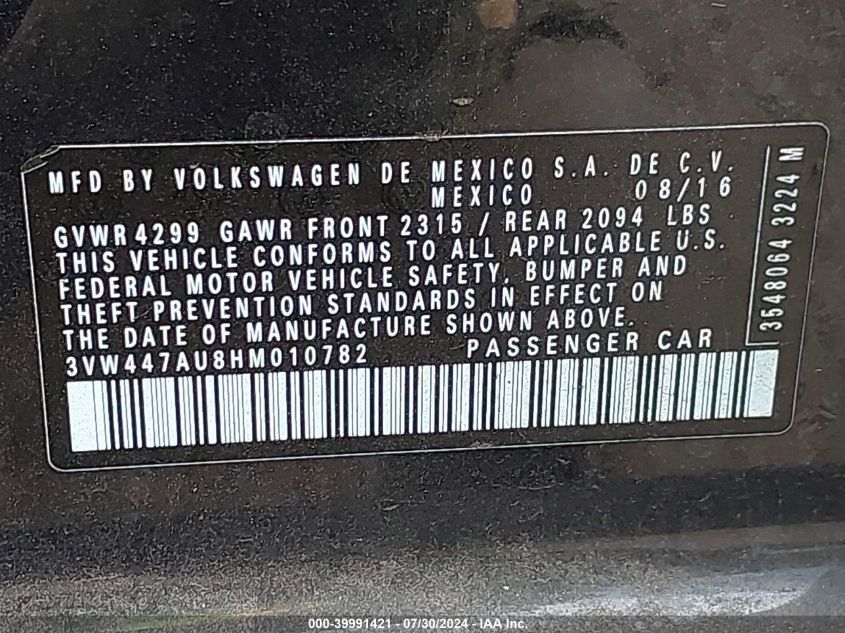 2017 VOLKSWAGEN GOLF GTI AUTOBAHN 4-DOOR/S 4-DOOR/SE 4-DOOR/SPORT 4-DOOR - 3VW447AU8HM010782