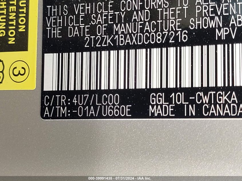 2013 Lexus Rx 350 350 VIN: 2T2ZK1BAXDC087216 Lot: 39991435