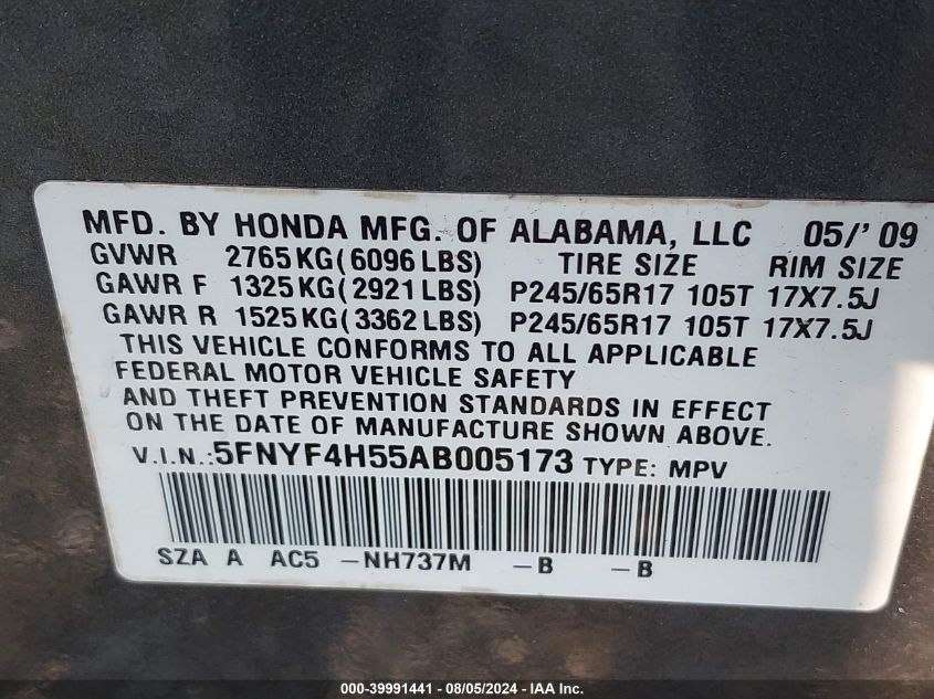 2010 Honda Pilot Exl VIN: 5FNYF4H55AB005173 Lot: 39991441