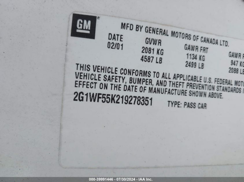 2001 Chevrolet Impala VIN: 2G1WF55K219278351 Lot: 39991446