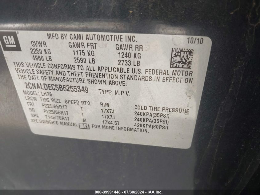 2011 Chevrolet Equinox Lt VIN: 2CNALDEC5B6255349 Lot: 39991448