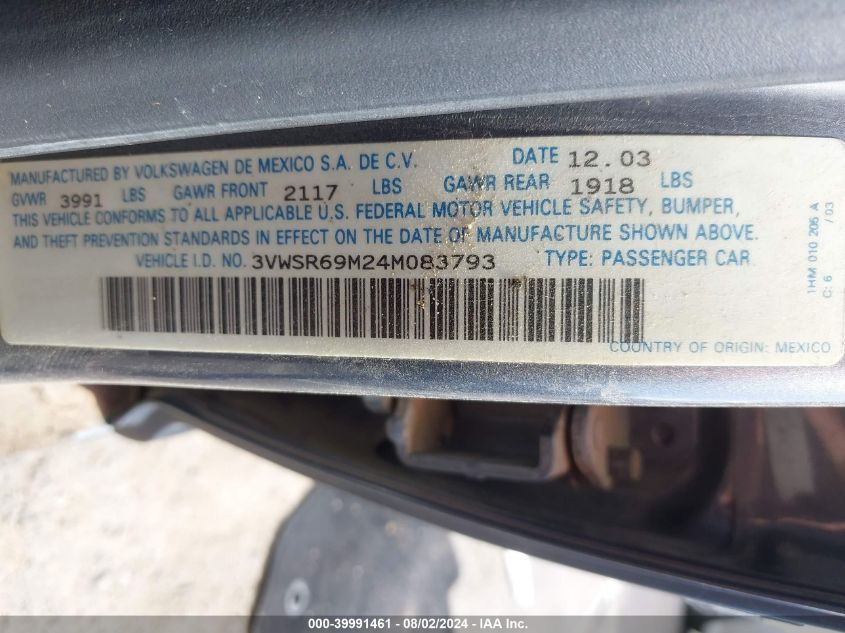 2004 Volkswagen Jetta Gls Tdi VIN: 3VWSR69M24M083793 Lot: 39991461