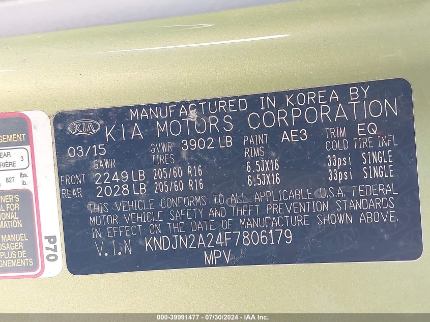 2015 Kia Soul VIN: KNDJN2A24F7806179 Lot: 39991477