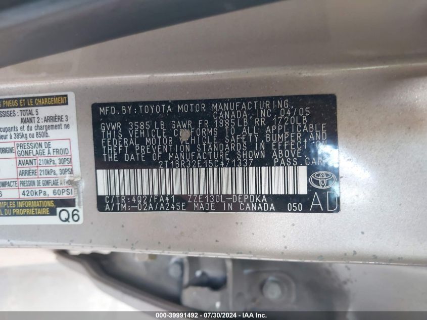 2005 Toyota Corolla Ce VIN: 2T1BR32E15C471337 Lot: 39991492