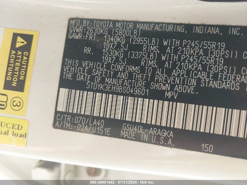 2011 Toyota Highlander Limited V6 VIN: 5TDYK3EH9BS049601 Lot: 39991542