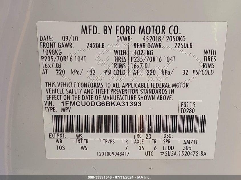 2011 Ford Escape Xlt VIN: 1FMCU0DG6BKA31393 Lot: 39991546