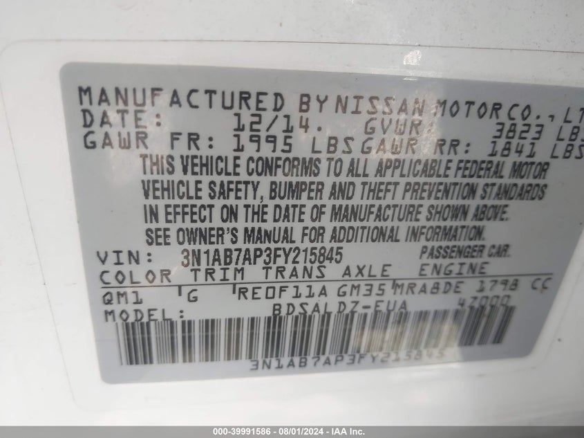 2015 Nissan Sentra Fe+ S/S/Sl/Sr/Sv VIN: 3N1AB7AP3FY215845 Lot: 39991586