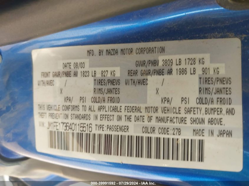 2004 Mazda Rx-8 6 Speed Manual VIN: JM1FE173640115516 Lot: 39991592