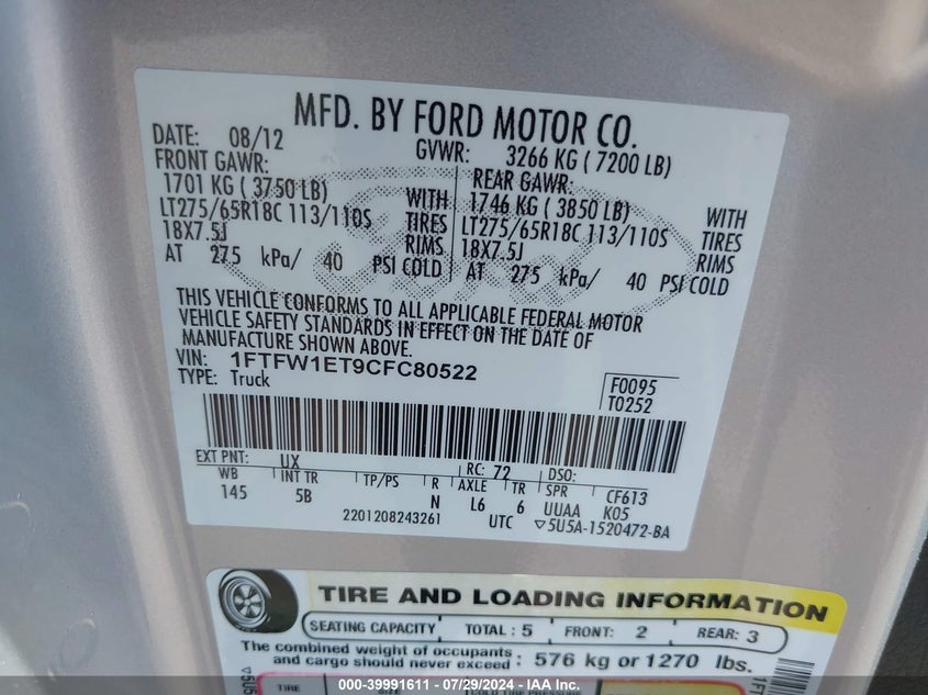 2012 Ford F-150 Fx4 VIN: 1FTFW1ET9CFC80522 Lot: 39991611