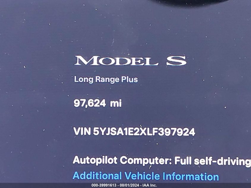 2020 Tesla Model S Long Range Dual Motor All-Wheel Drive/Long Range Plus Dual Motor All-Wheel Drive VIN: 5YJSA1E2XLF397924 Lot: 39991613