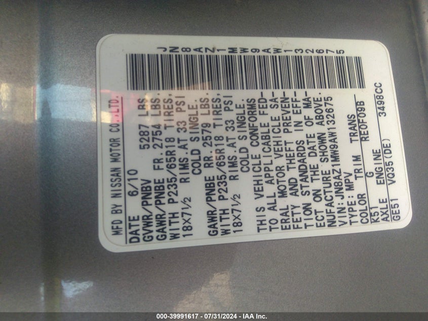 2010 Nissan Murano Sl VIN: JN8AZ1MW9AW132675 Lot: 39991617