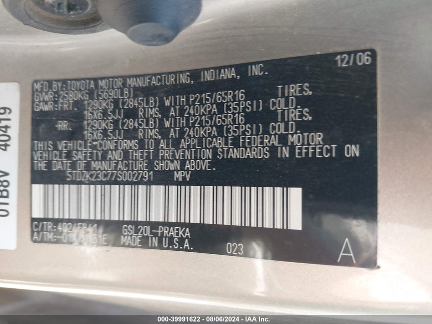 2007 Toyota Sienna Ce VIN: 5TDZK23C77S002791 Lot: 39991622